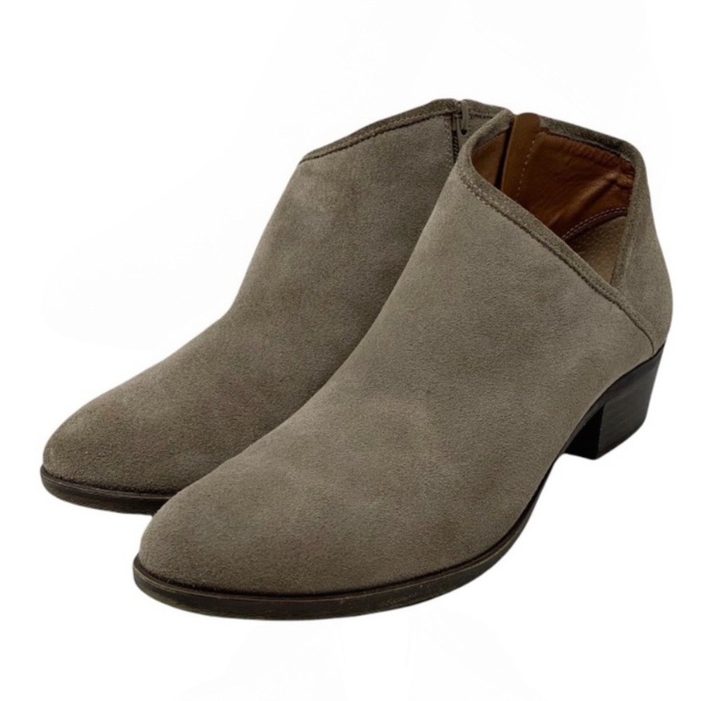 Lucky Brand Brekke Ankle Booties Size 8.5 Taupe Suede Asymmetric Topline